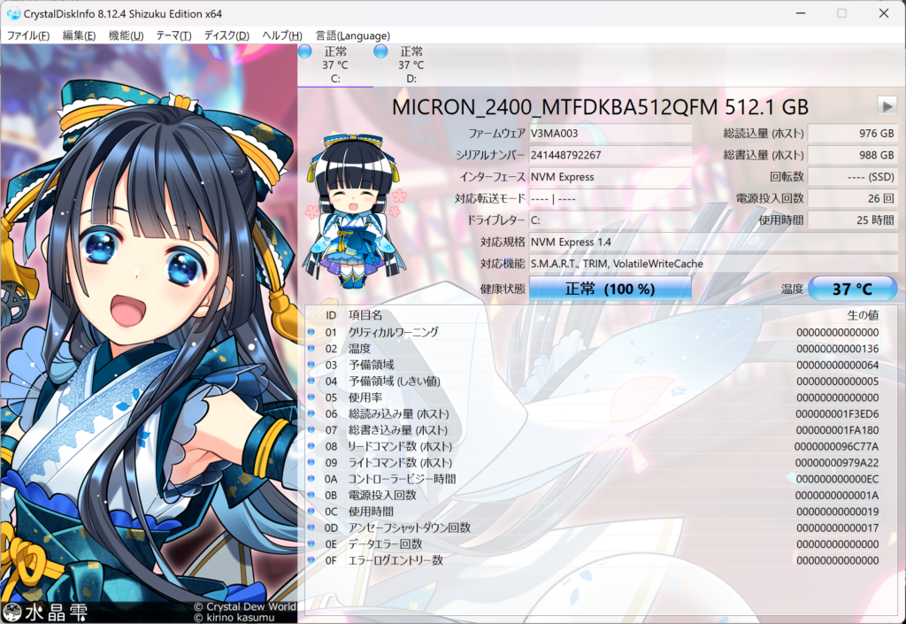 CrystalDiskInfo ベンチマーク結果：DAIV S4-I7G60SR-C（S4I7G60SRCDCW101DEC）